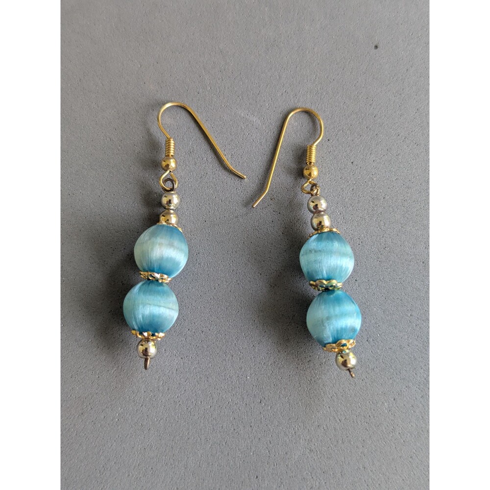 Vintage NOS Aqua Blue Silk Thread Wrapped Bead Dangle Earrings Gold Tone Boho